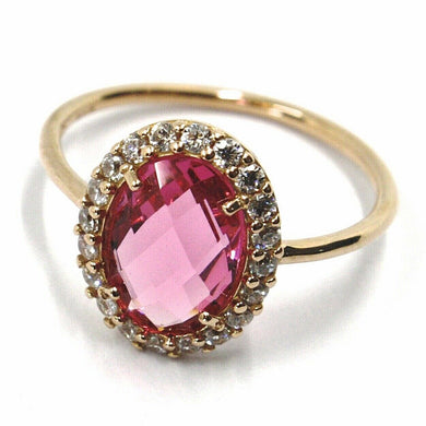 SOLID 18K ROSE GOLD FLOWER RING, CUSHION PINK OVAL CRYSTAL CUBIC ZIRCONIA FRAME.