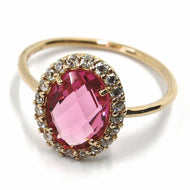 SOLID 18K ROSE GOLD FLOWER RING, CUSHION PINK OVAL CRYSTAL CUBIC ZIRCONIA FRAME.
