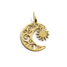 Load image into Gallery viewer, 18K YELLOW GOLD SMALL PENDANT, FLAT SUN AND MOON 15mm 0.6&quot;, MADE IN ITALY.
