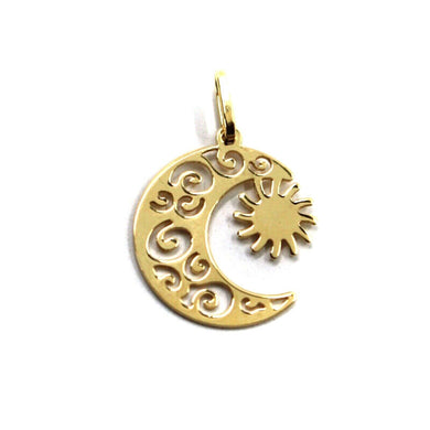 18K YELLOW GOLD SMALL PENDANT, FLAT SUN AND MOON 15mm 0.6