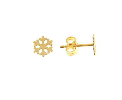 18K YELLOW GOLD EARRINGS SMALL FLAT SNOWFLAKE, SHINY, SMOOTH, 5mm, MADE IN ITALY.