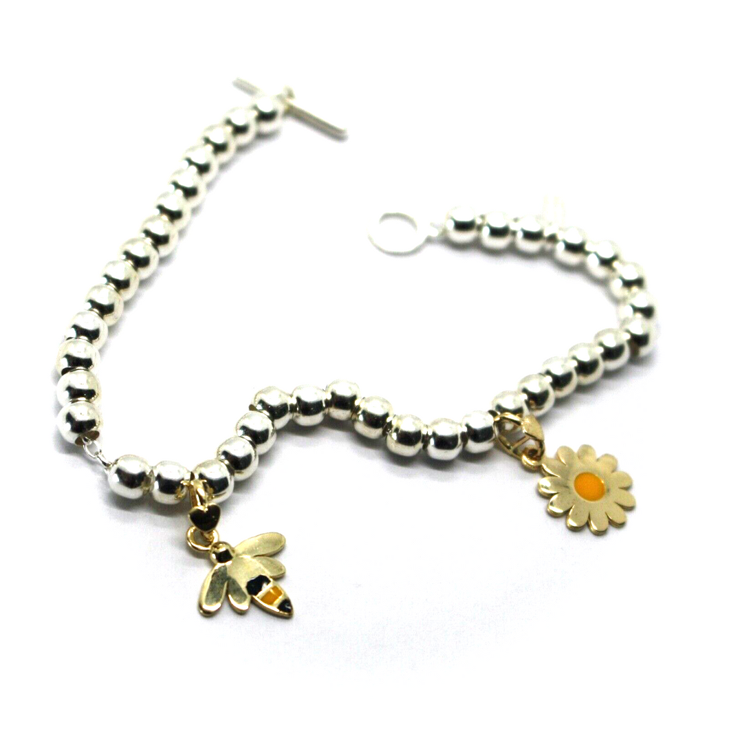 925 STERLING SILVER SPHERE BRACELET 9K YELLOW GOLD ENAMEL BEE AND DAISY PENDANTS.