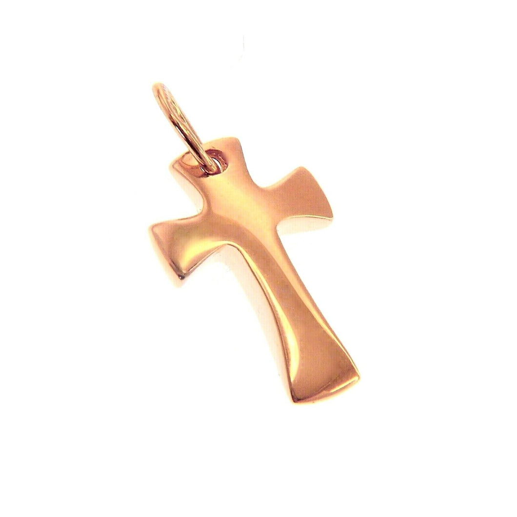SOLID 18K ROSE GOLD SMALL CROSS, ROUNDED 15mm, SMOOTH, CURVED, MADE IN ITALY.