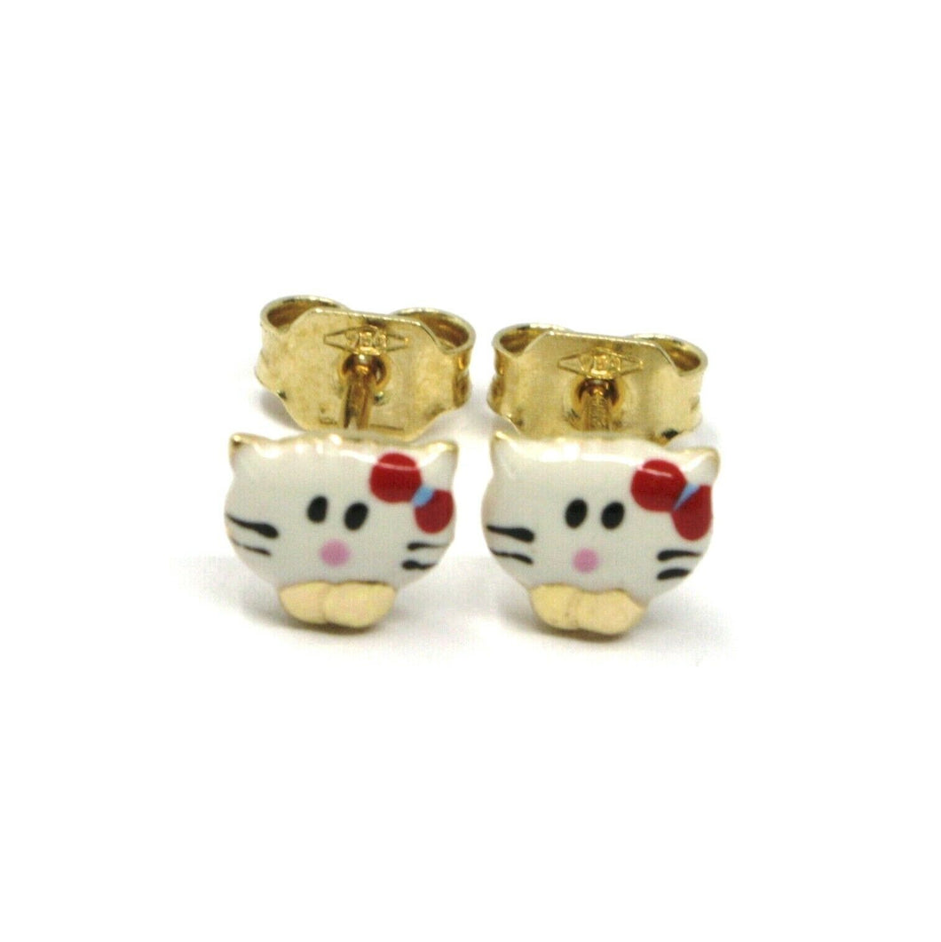 18K YELLOW GOLD ROUNDED ENAMEL EARRINGS MINI CAT 6mm, MADE IN ITALY