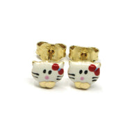 18K YELLOW GOLD ROUNDED ENAMEL EARRINGS MINI CAT 6mm, MADE IN ITALY.
