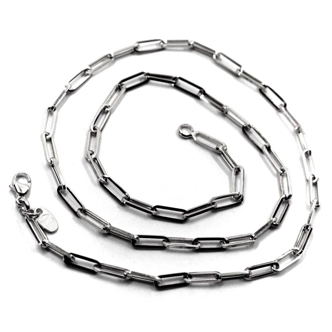 18k white gold long chain necklace squared oval paper clip 3x10mm links, 31.5