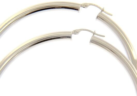 18k white gold round circle hoop earrings diameter 60 mm x 4 mm, made in Italy
