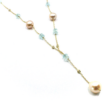 Load image into Gallery viewer, 18k yellow gold lariat necklace faceted 6mm oval aquamarine pink pearls zirconia.
