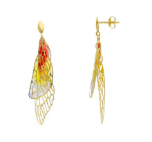 Load image into Gallery viewer, 18k yellow gold pendant 55mm earrings worked double red and yellow enamel wings.
