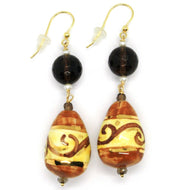 18K YELLOW GOLD EARRINGS SMOKY QUARTZ POTTERY CERAMIC DROP HAND PAINTED IN ITALY.