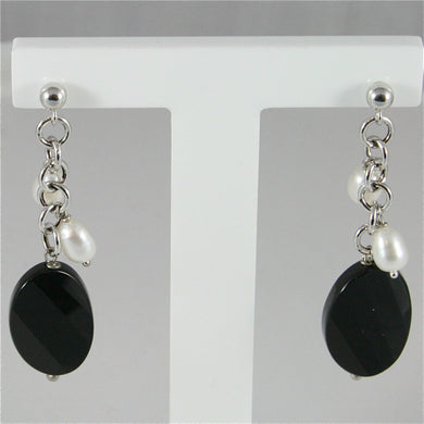 18k white gold pendant earrings, with pearls and balck onyx, made in Italy.