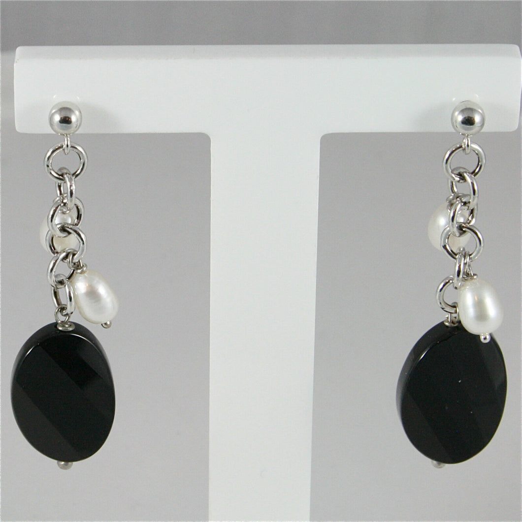 18k white gold pendant earrings, with pearls and balck onyx, made in Italy