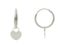 Load image into Gallery viewer, 18k white gold earrings, round 14mm circle hoops, small pendant 8mm hearts
