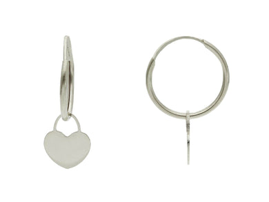 18k white gold earrings, round 14mm circle hoops, small pendant 8mm hearts.