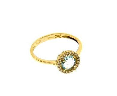 18K YELLOW GOLD RING CUSHION ROUND BLUE TOPAZ AND CUBIC ZIRCONIA FRAME.