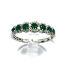 Load image into Gallery viewer, 18k white gold band ring with round green emeralds 0.45ct &amp; diamonds 0.28ct.
