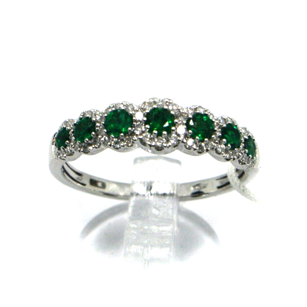 18k white gold band ring with round green emeralds 0.45ct & diamonds 0.28ct.