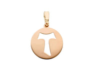 18k rose gold 15mm round medal cross franciscan tau tao Saint Francis pendant.