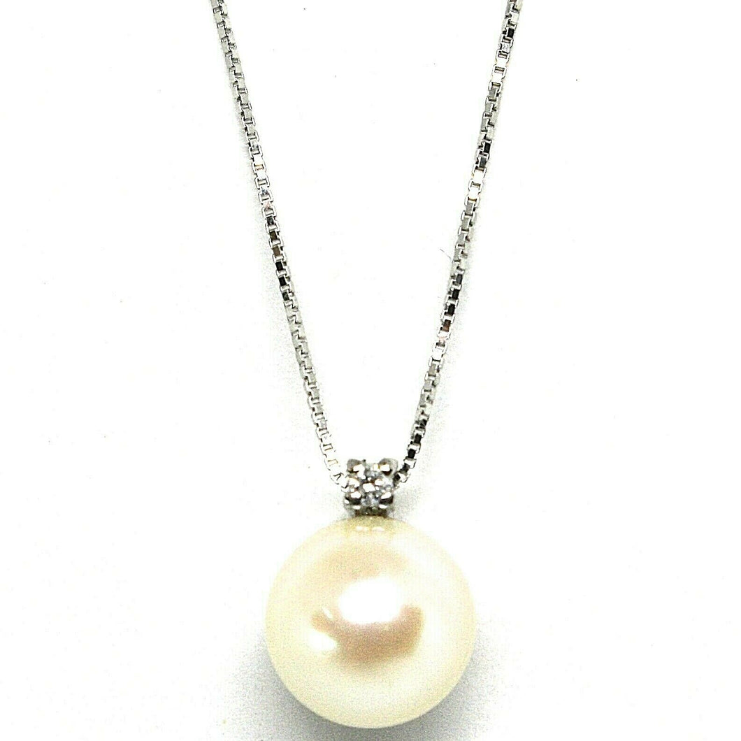 18k white gold necklace Akoya pearl 8.5 mm and diamond, pendant & venetian chain.