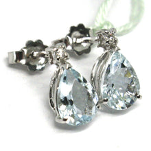 Load image into Gallery viewer, 18k white gold aquamarine earrings 2.00 carats, drop cut, diamonds, Italy made
