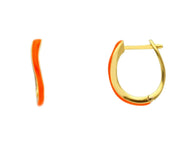 18K YELLOW GOLD ORANGE ENAMEL HOOPS OVAL ONDULATE 15mm x 2mm EARRINGS.