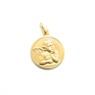 solid 18k yellow gold Guardian Angel small 11mm medal, pendant, very detailed.