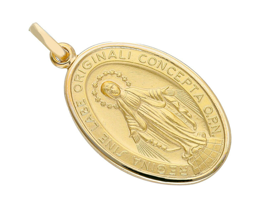 solid 18k yellow gold Miraculous medal pendant, Virgin Mary, Madonna, big 23x33mm