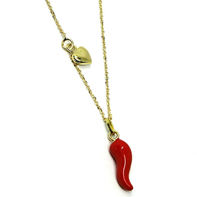 18K YELLOW GOLD NECKLACE WITH RED ENAMEL MINI HORN CORNICELLO & HEART PENDANT, 16.5