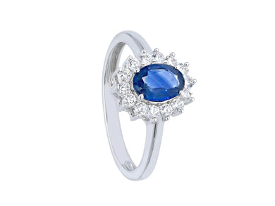 solid 18k white gold flower ring oval cut sapphire 0.98 carats, diamonds frame.
