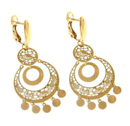 18K YELLOW GOLD PENDANT EARRINGS, 5 cm CIRCLES WATERFALL PENDANTS, WORKED.