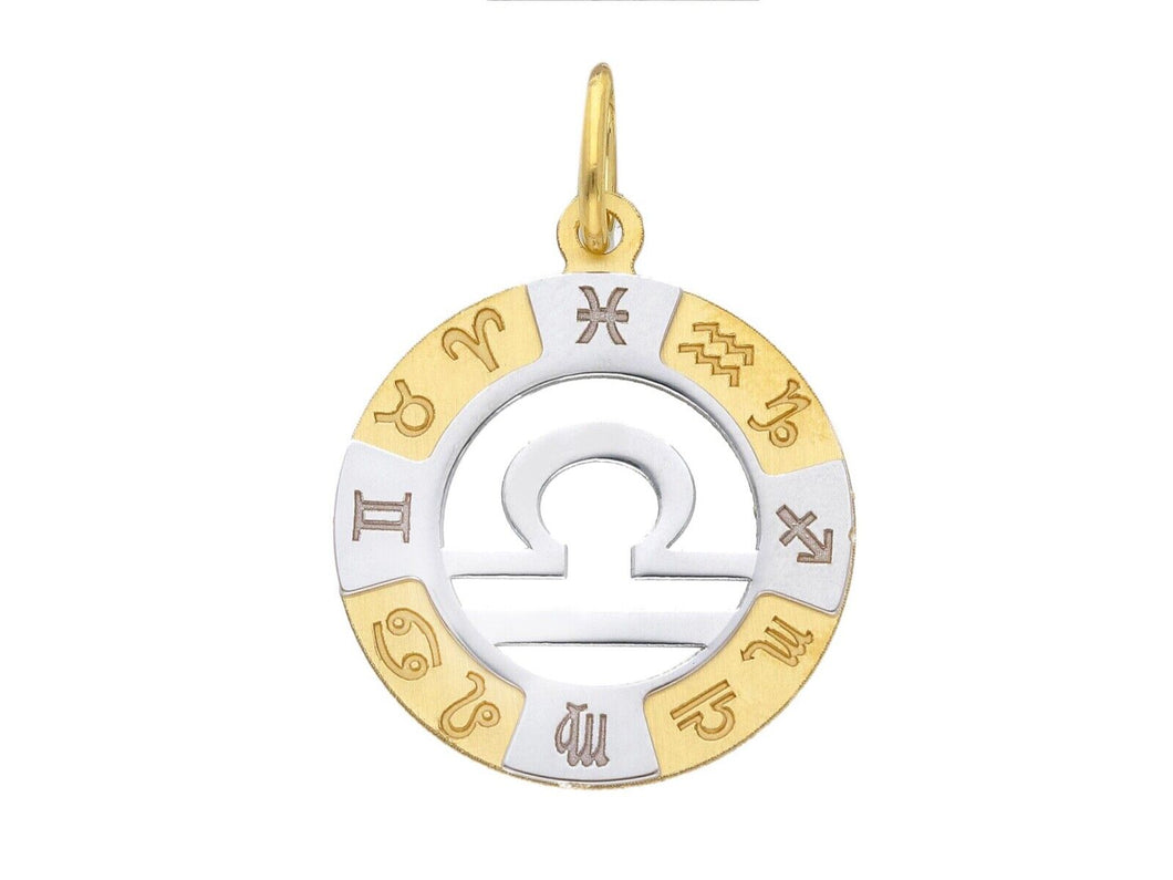 18k yellow white gold zodiac sign round 20mm medal pendant, zodiacal, libra.