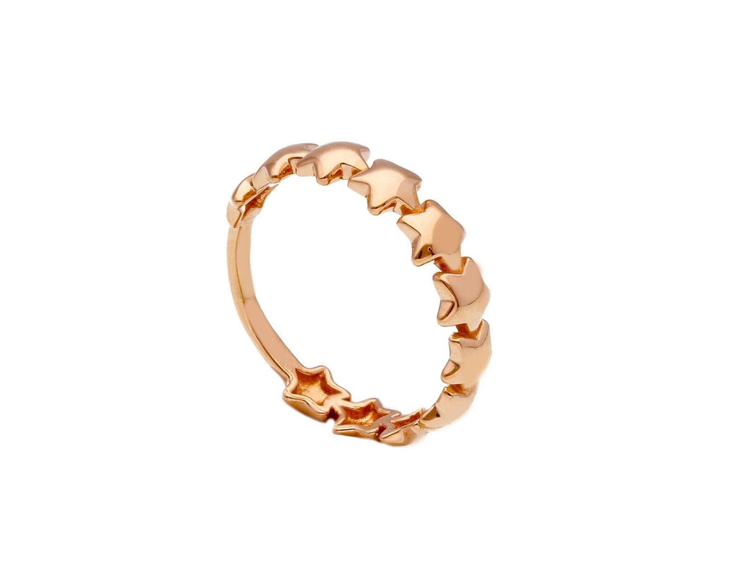 SOLID 18K ROSE GOLD BAND RING, ROW OF ROUNDED PUFFED 3mm STARS, STAR, SIZABLE.