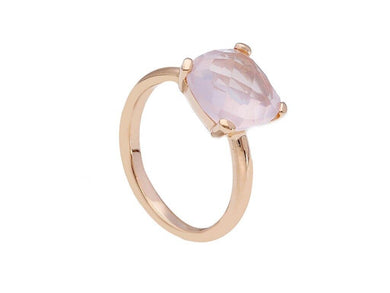 solid 18k rose gold four prongs ring central big 10mm rose quartz, cushion cut.