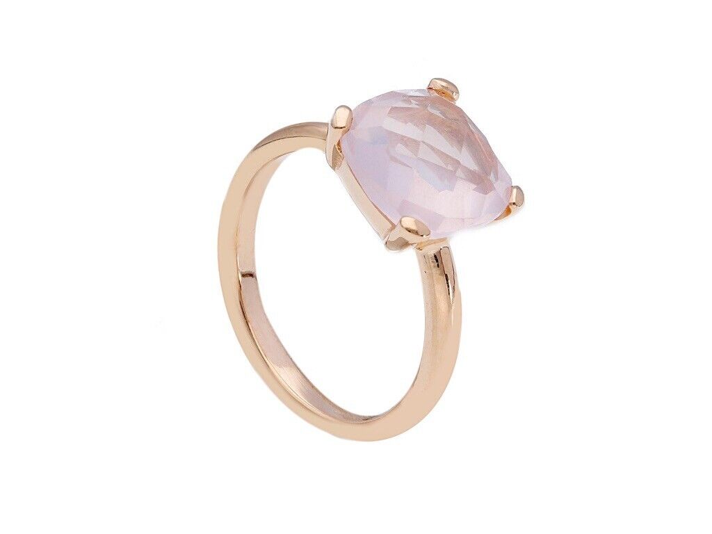 solid 18k rose gold four prongs ring central big 10mm rose quartz, cushion cut.