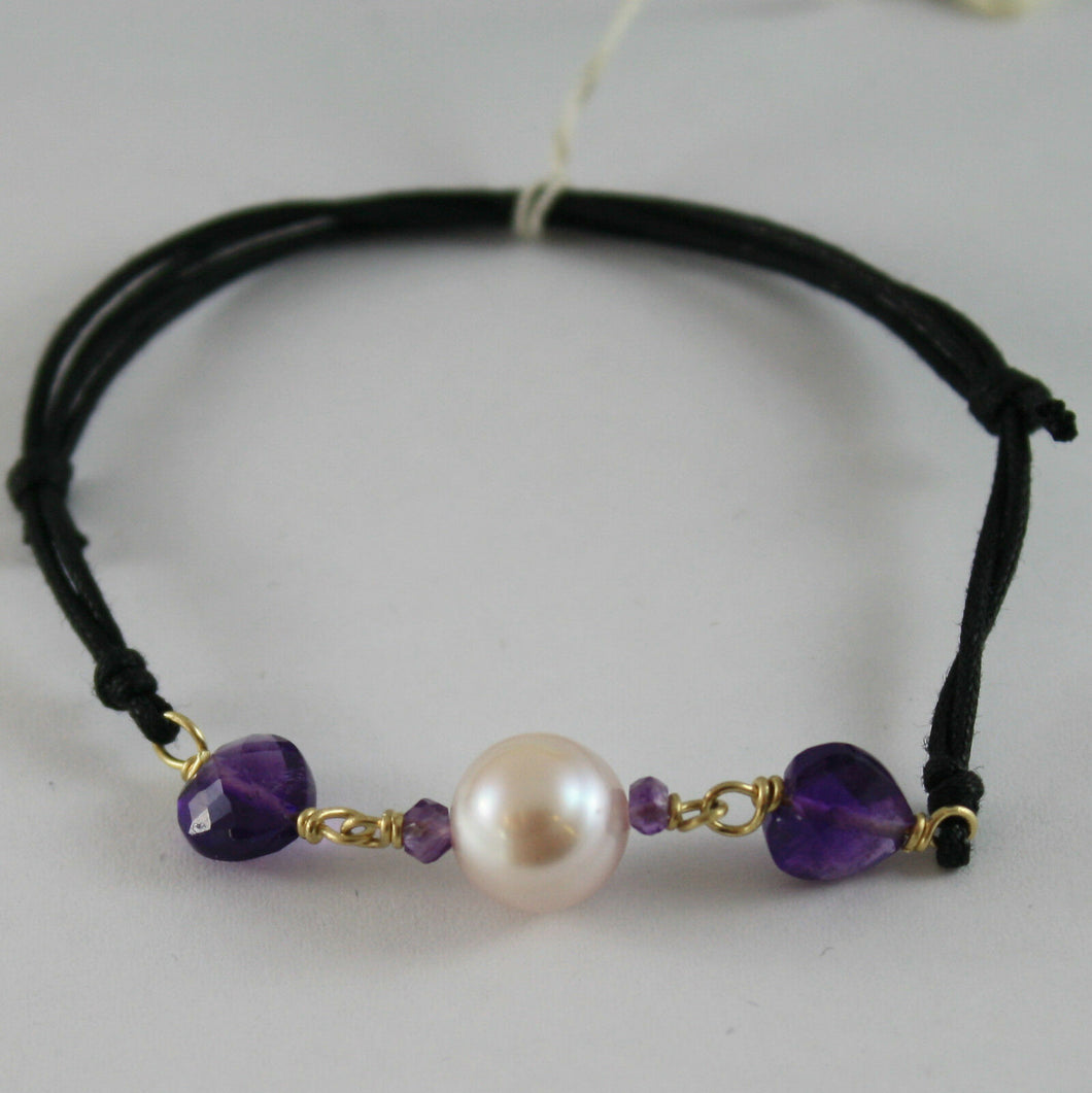 SOLID 18K YELLOW GOLD BRACELET HEART AMETHYST AND PURPLE PEARLS, MADE IN ITALY.