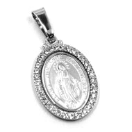 solid 18k white gold zirconia miraculous big 24mm medal pendant Virgin Mary Madonna.