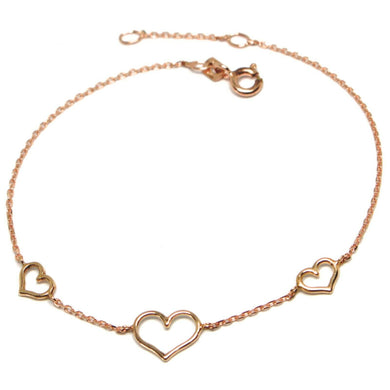 18k rose gold square rolo mini bracelet, 7.5 inches, 3 hearts, made in Italy.
