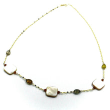 Load image into Gallery viewer, 18k yellow gold necklace oval chain, tourmaline drops, mother of pearl, 18&quot;.
