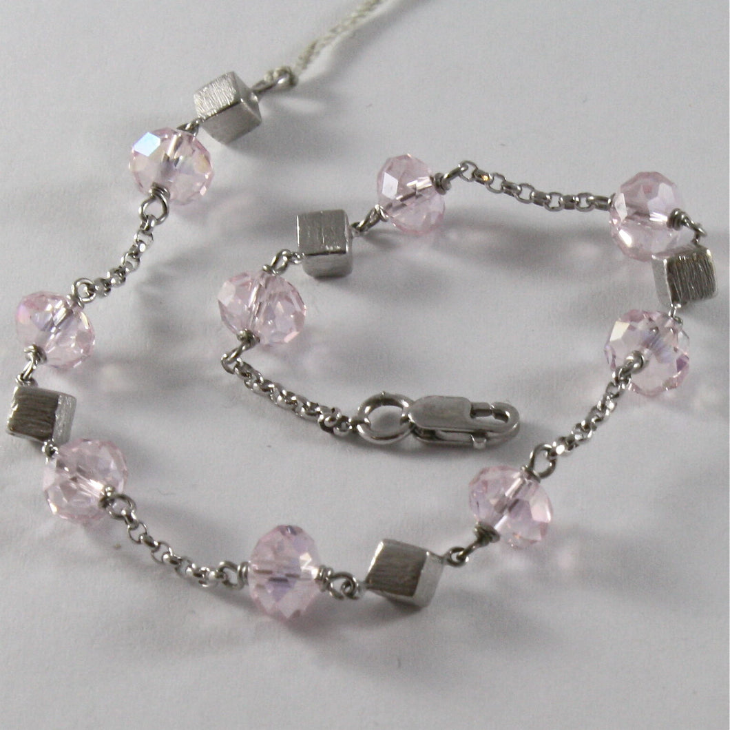 SOLID 18K WHITE GOLD BRACELET WITH PINK FACETED CRISTALS, CRISTAL MADE IN ITALY.