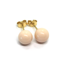 Load image into Gallery viewer, 18k yellow gold 8mm balls spheres pink reconstructed coral button earrings.
