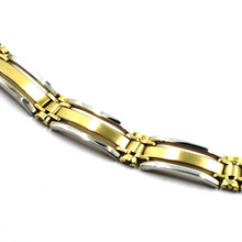 Load image into Gallery viewer, SOLID 18K YELLOW WHITE GOLD MAN BRACELET SMOOTH AND SATIN 8.5mm ALTERNATE PLATES.
