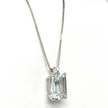 Load image into Gallery viewer, 18k white gold necklace aquamarine 0.80 emerald cut &amp; diamond, pendant &amp; chain
