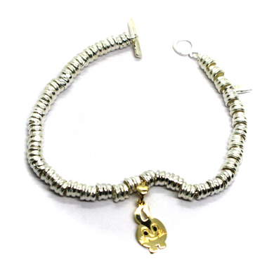 925 STERLING SILVER CIRCLES BRACELET, 9K YELLOW GOLD 15mm PUPPY BUNNY PENDANT.