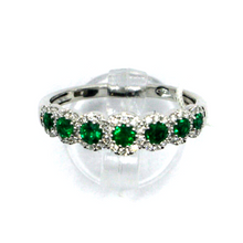 Load image into Gallery viewer, 18k white gold band ring with round green emeralds 0.45ct &amp; diamonds 0.28ct.
