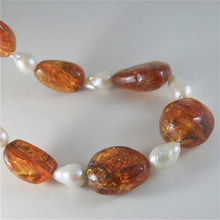 Load image into Gallery viewer, SOLID 18K YELLOW GOLD NECKLACE WITH DROP PEARLS AND BALTIC AMBER MADE IN ITALY
