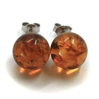 solid 18k white gold lobe earrings orange amber 12.5mm spheres butterfly closure.