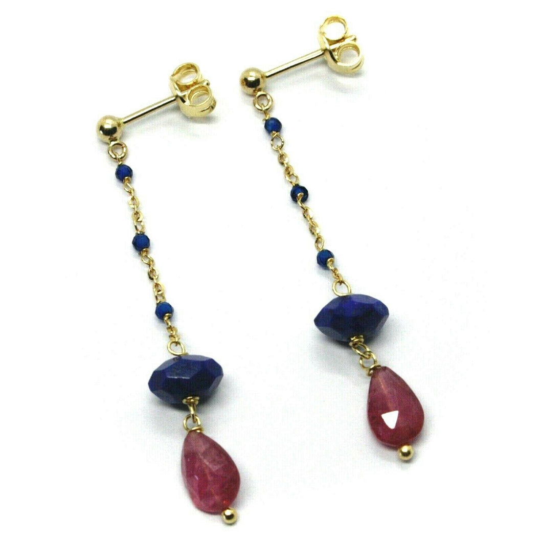 18k yellow gold pendant earrings tourmaline drop, cubic zirconia, lapis lazuli