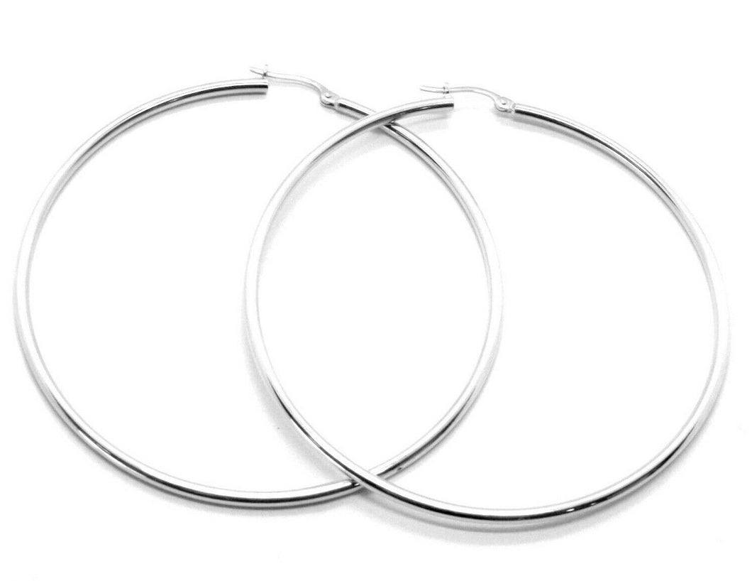 18k white gold round circle earrings diameter 60 mm, width 2 mm, made in Italy.