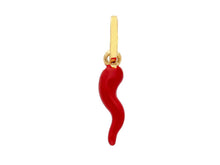 Load image into Gallery viewer, 18K YELLOW GOLD RED ENAMEL HORN CORNICELLO SMALL 15mm PENDANT, MADE IN ITALY.
