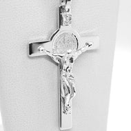 18k white gold cross, Jesus & saint Benedict medal, big 2.1 inches, Italy made.
